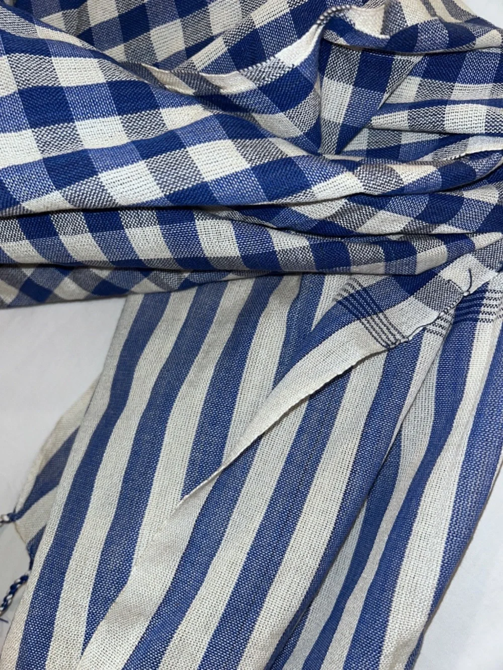 blue white linen gingham check plaid stripes tassel trim scarf wrap